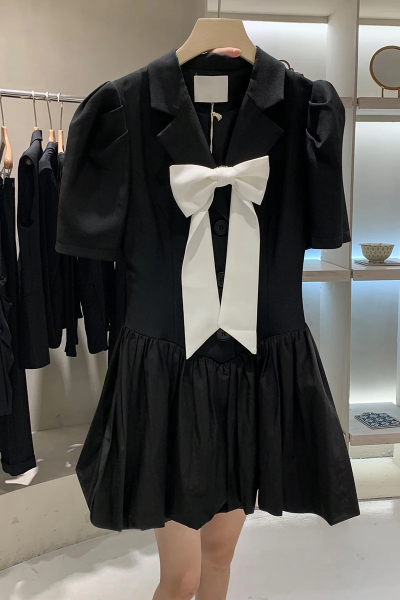 

2021 Summer Women Big Bow Lapel Short Puff Sleeve Slimming Black Mid-Length Suit Dress A-line Pleated Dress Preppy Fashion