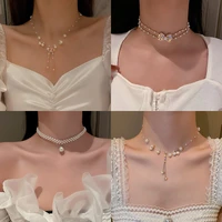 pearl inlaid diamond tassel necklace ladies fashion sweet french temperament design sense flower bow girl neck clavicle chain