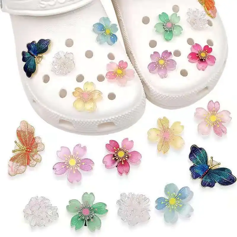 

Elegant Luminous Color Cherry Blossom Accessories Croc Charms Designer Macaron Color Bundle Butterfly Decoration Croc Charms