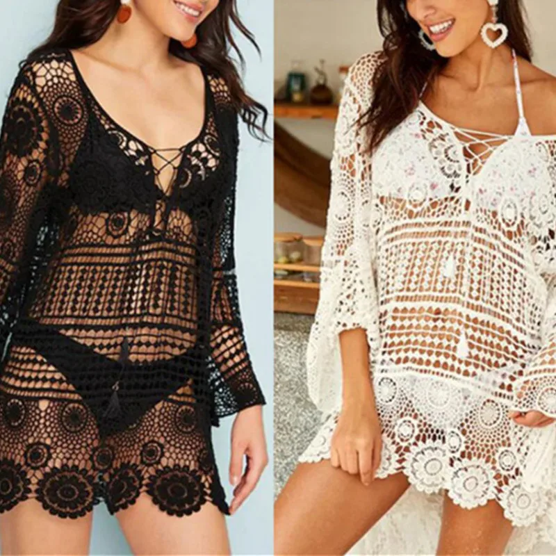 

2021 Boho WomenS Bathing Suit Cover-Up Bikini Cover Up Crochet Lace retro Swimsuit Knitting Swimwear Mesh Beach Summer Dress