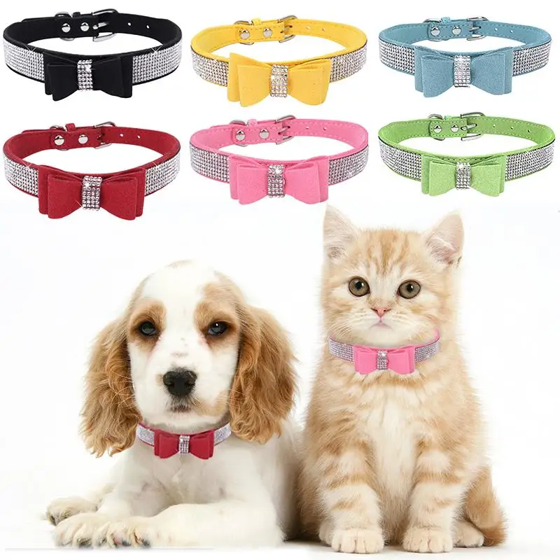 

Bling Rhinestone Puppy Cat Collars Adjustable Leather Bowknot Kitten Collar For Small Medium Dogs Cats Chihuahua Pug Yorkshire