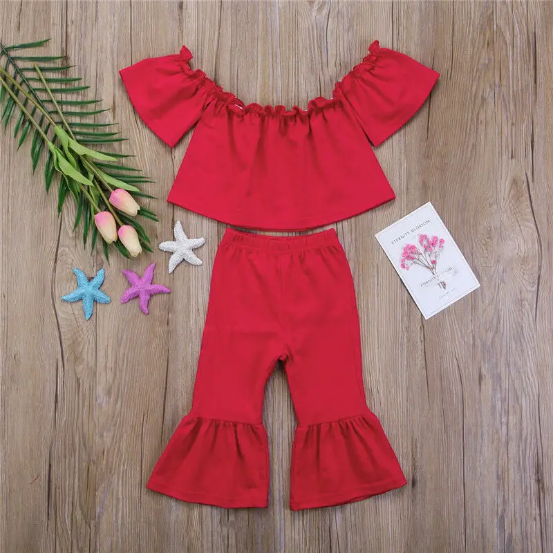

Baby Kids Girls Off-Shoulder Tops+Flare Pants Set Off Shoulder Crop Top Bell-Bottom Trousers Outfits 1-4Y 2pcs summer clothes