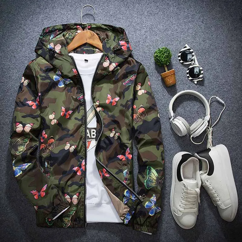 Зеленый Мужская куртка-бомбер chaqueta hombre с принтом бабочки камуфляжная ветровка куртка плюс размер мужские повседневные куртки с капюшоном пальто S-3XL - Цвет: Зеленый