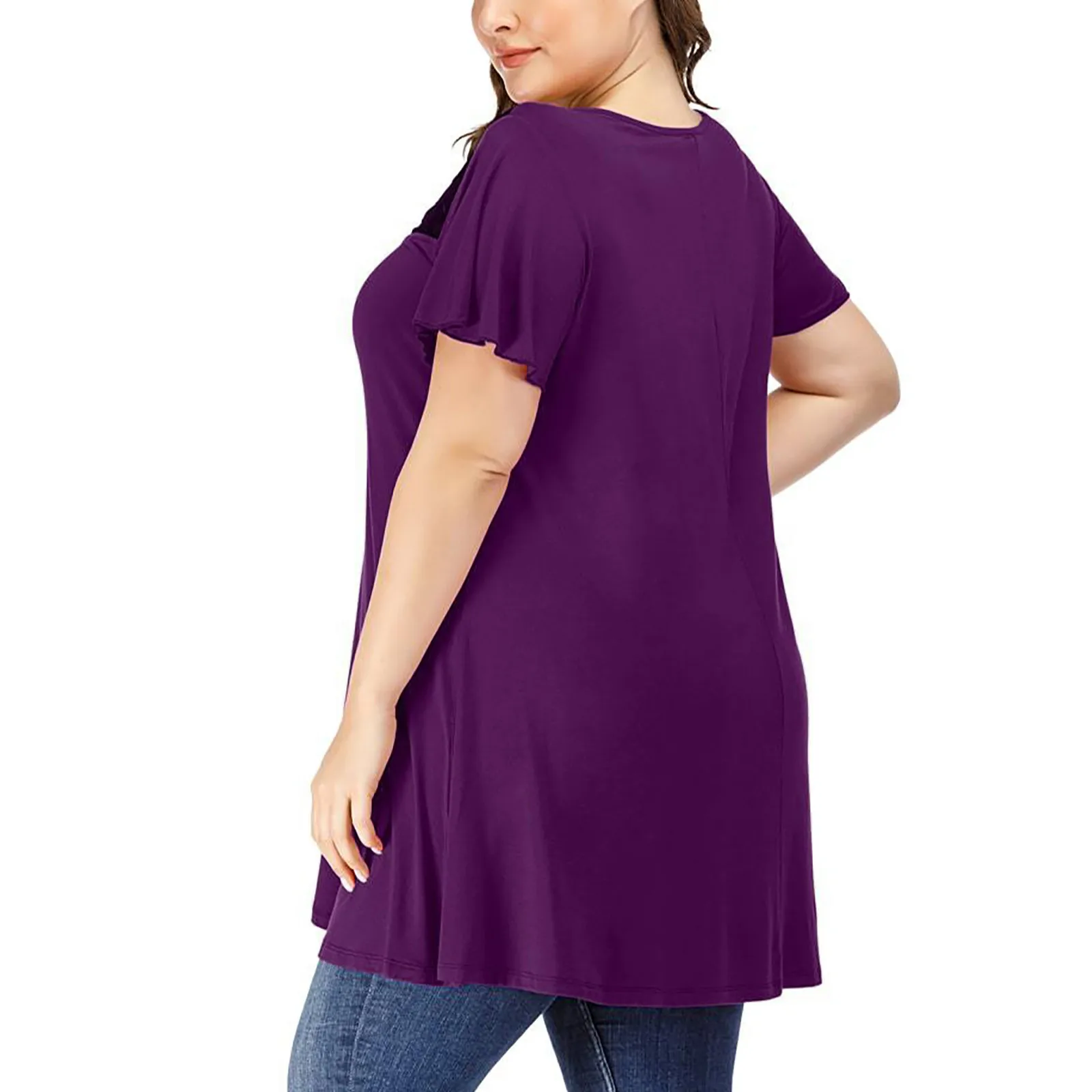Полных женщин плюс-размер футболки сетки шить однотонные Цвет блузка с коротким