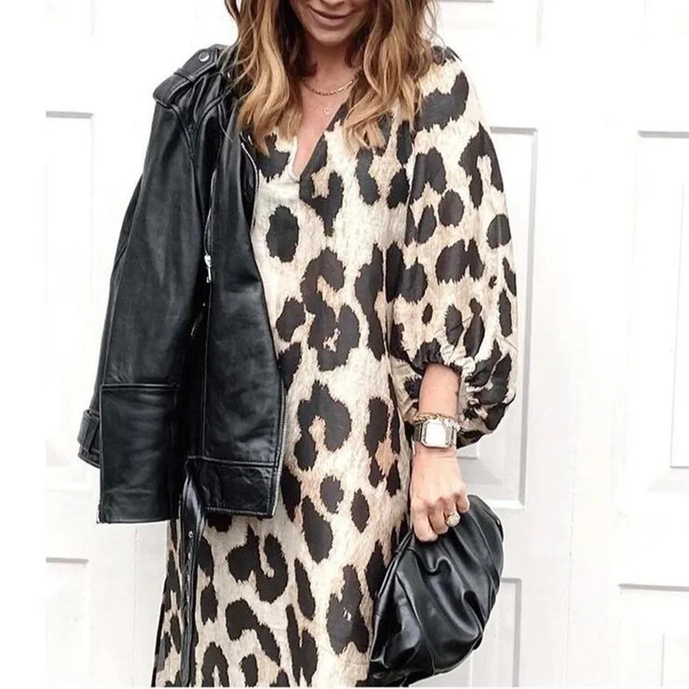 

Leopard Print Long Dress Elegant Women's Clothing 2021 New Casual Women's Dresses V-neck Lantern Sleeve Vintage Dress Woman