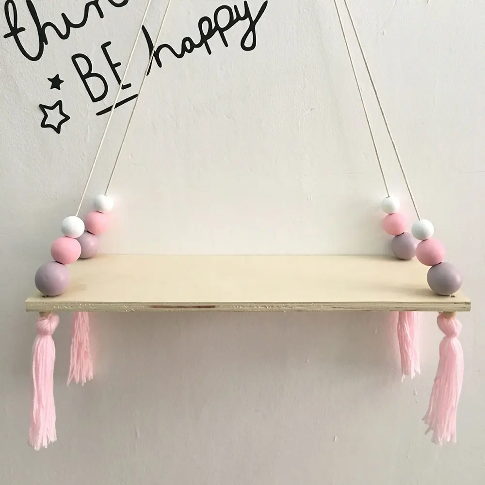 Nordic Style Wooden Pig Tassel Rack Swing Hanging Colorful Beads Decoration Wood Board Wall Home Decor  Shelves Candle Holder