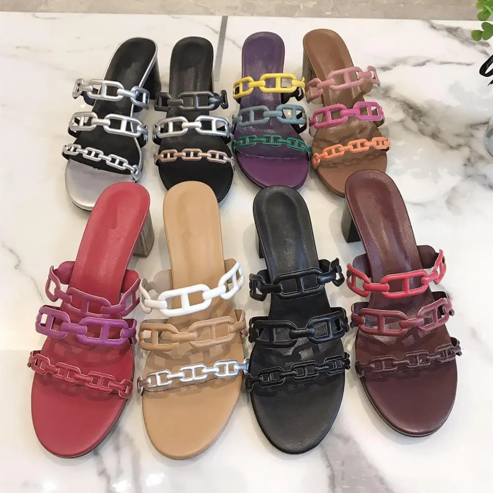 

2020 New Summer Shoes Women With Heel Slipper Casual Fashion Genuine Cow Leather Slides Chain High Heels Slides Zapatos De Mujer