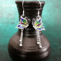 bastiee s999 hmong sterling silver butterfly earrings for women blue cloisonne enamel earring ethnic handmade luxury jewelry