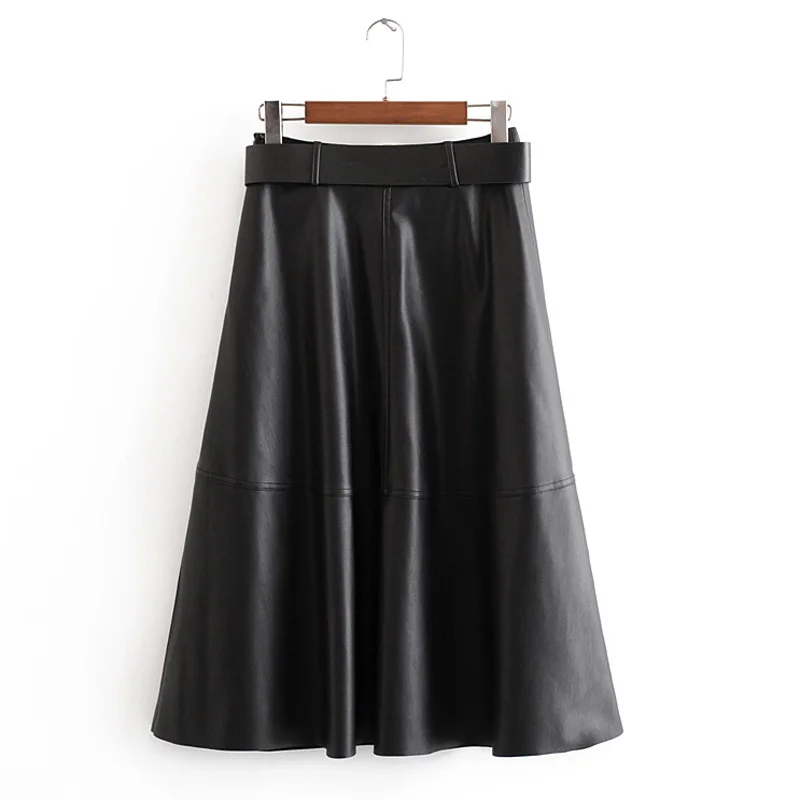 ZOEPO, свободные юбки с поясом на талии, женская мода, Осень-зима, юбка из искусственной кожи, женская элегантная юбка до середины икры, женские юбки, JZ