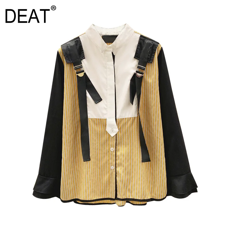 

[DEAT] 2023 Spring New Fashion Tide Stand-up Collar Splicing Single-breasted Long Sleeve Loose Women's Shirt 13W814