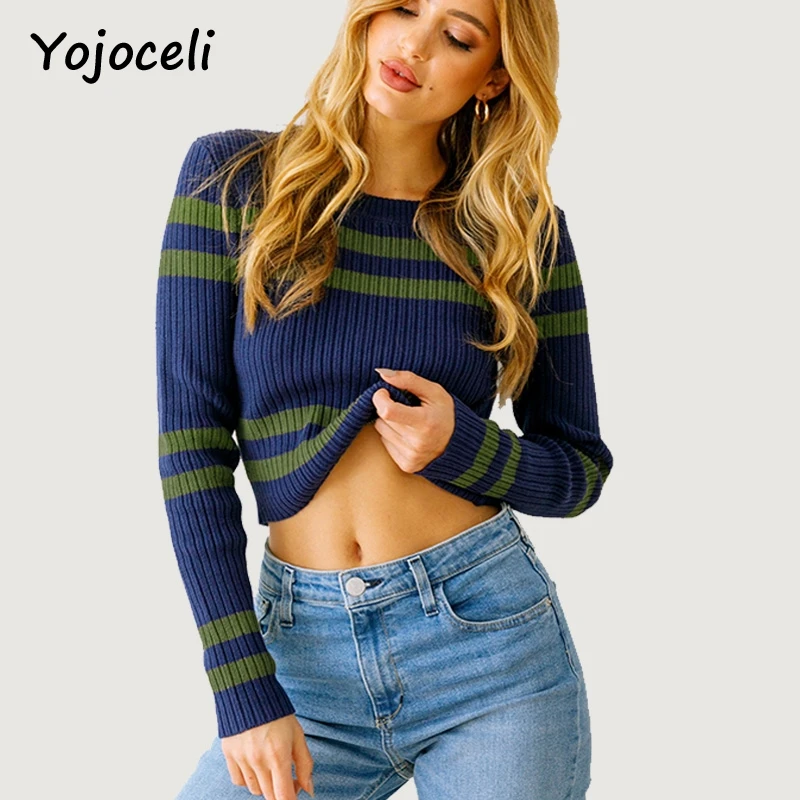 Повседневный полосатый свитер Yojoceli вязаные пуловеры женский короткий пуловер с