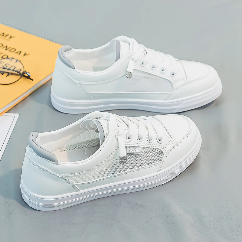 

Кроссовки женские из ПУ кожи, Вулканизированная подошва, Классическая однотонная повседневная обувь, белые, весна