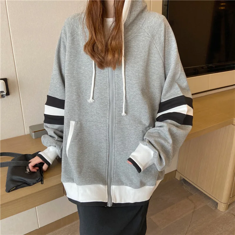 

Spring ladies coat loose-fitting Korean sweatshirt with loose-fitting stripe pattern and hat fashion ladies hoodie