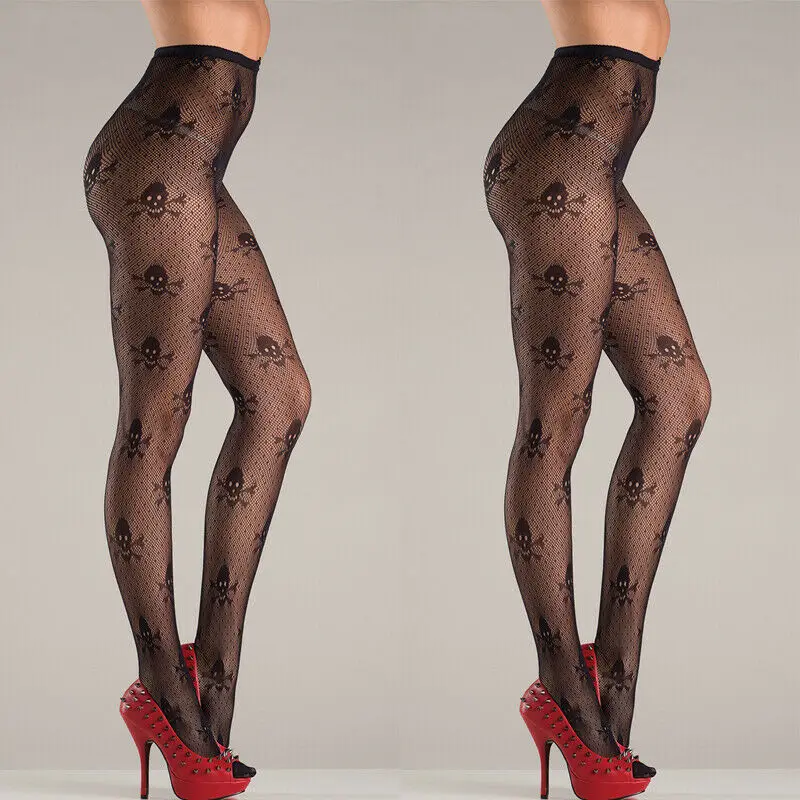 Женские сетчатые колготки с черепами черные украшением в виде черепа готические