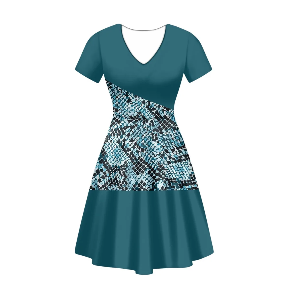 

Платье женское летнее длинное с коротким рукавом, Повседневная Туника с узором в виде змеиной кожи, туника с V-образным вырезом