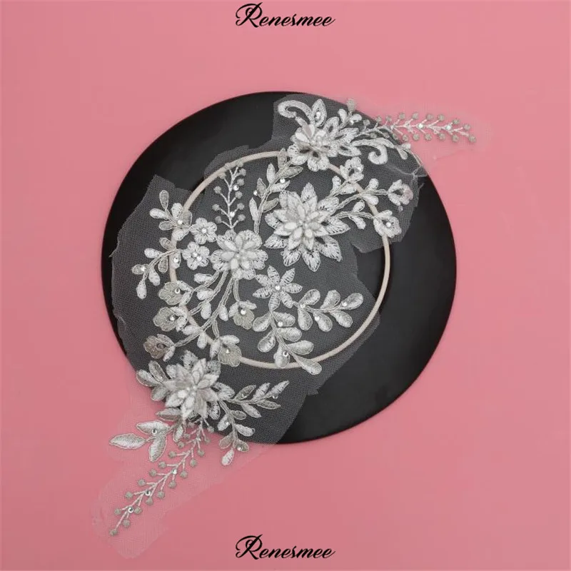 1Pc Silver Cording Ivory Beads Lace Flower Applique Bride Wedding Dress DIY Tiara Veil Accessories Patch 35X14cm SX453 | Дом и сад