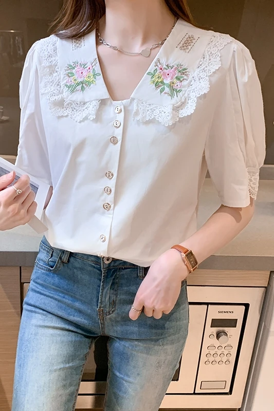 

Houthion Chiffon Slim Women's Blouses New Casual Blouse Lace Stitching Flower Embroidery Shirt Fashion Short Sleeve Top Summer