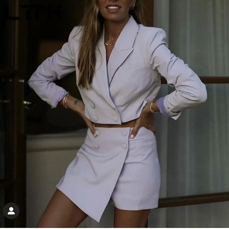 LTPH vintage elegante de las mujeres traje de 2 piezas conjunto americana corta de oficina para mujer trajes alto irregular cintura falda conjuntos 2021 primavera nueva