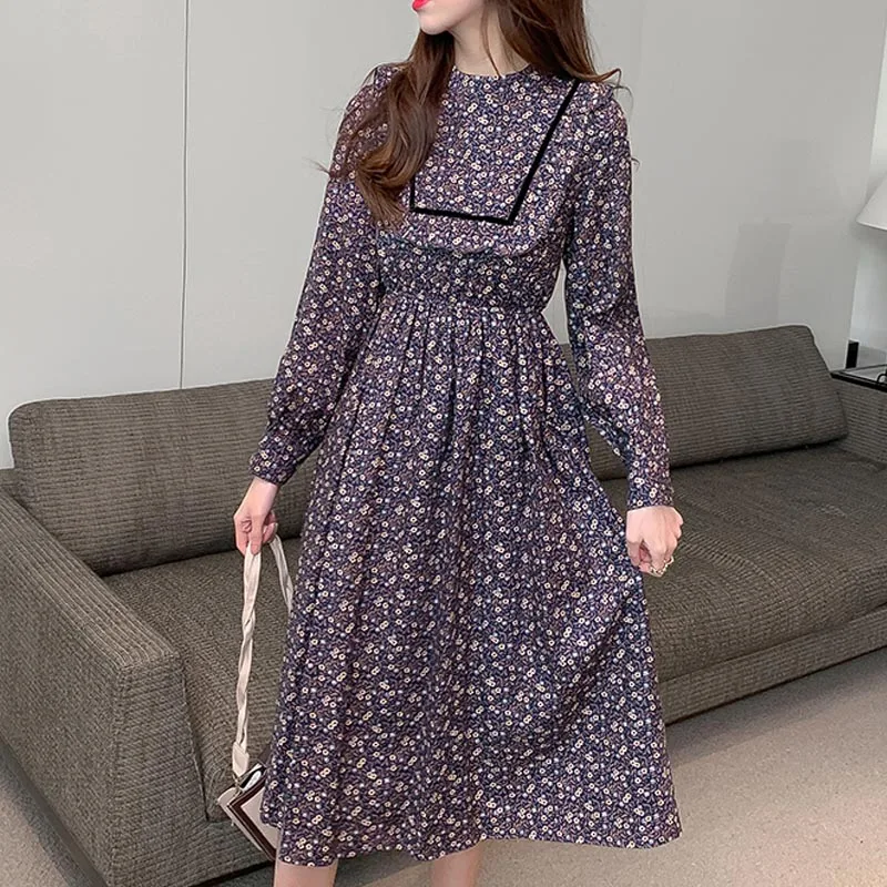 

One-Piece 2021 Korean Style Spring Summer Chic Dress French Vintage Stand-Up Collar Floral Dress Temperament Slim Waist Dresses