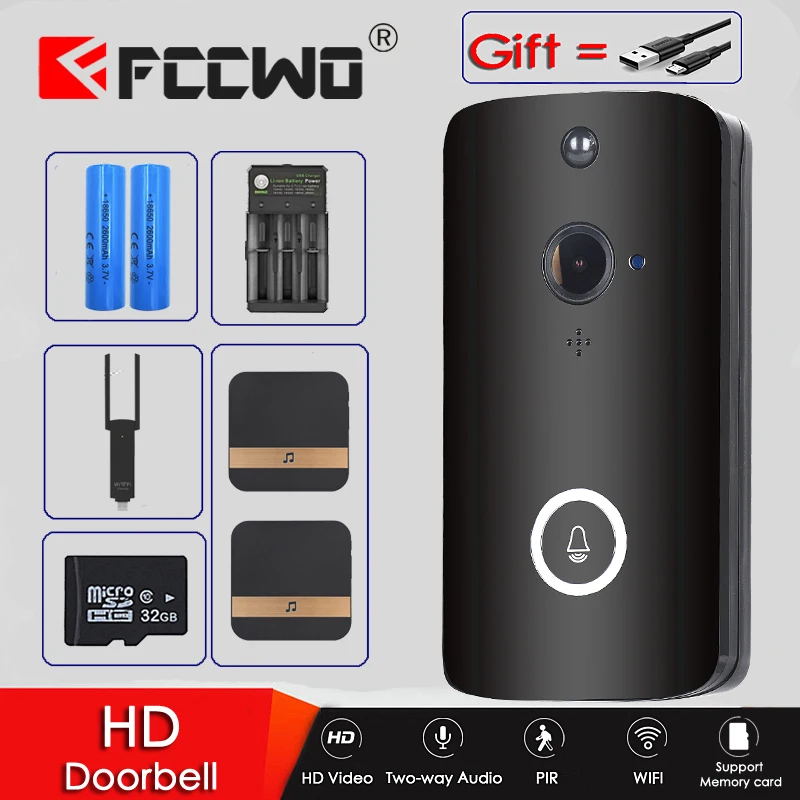 FCCWO Full HD 1080P WIFI дверной звонок умный IP беспроводной домофон PIR Обнаружение