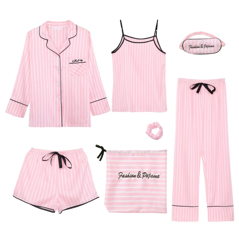 Женский пижамный комплект из 7 предметов розовая пижама в полоску искусственного