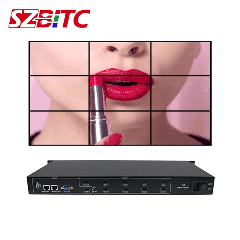 

Настенный Сплиттер SZBITC с ЖК-дисплеем, 3 х3, HDMI, 1 х9, DVI, VGA, USB, аудио, ТВ, настенный процессор, поворот на 180 градусов, с пультом дистанционного управления
