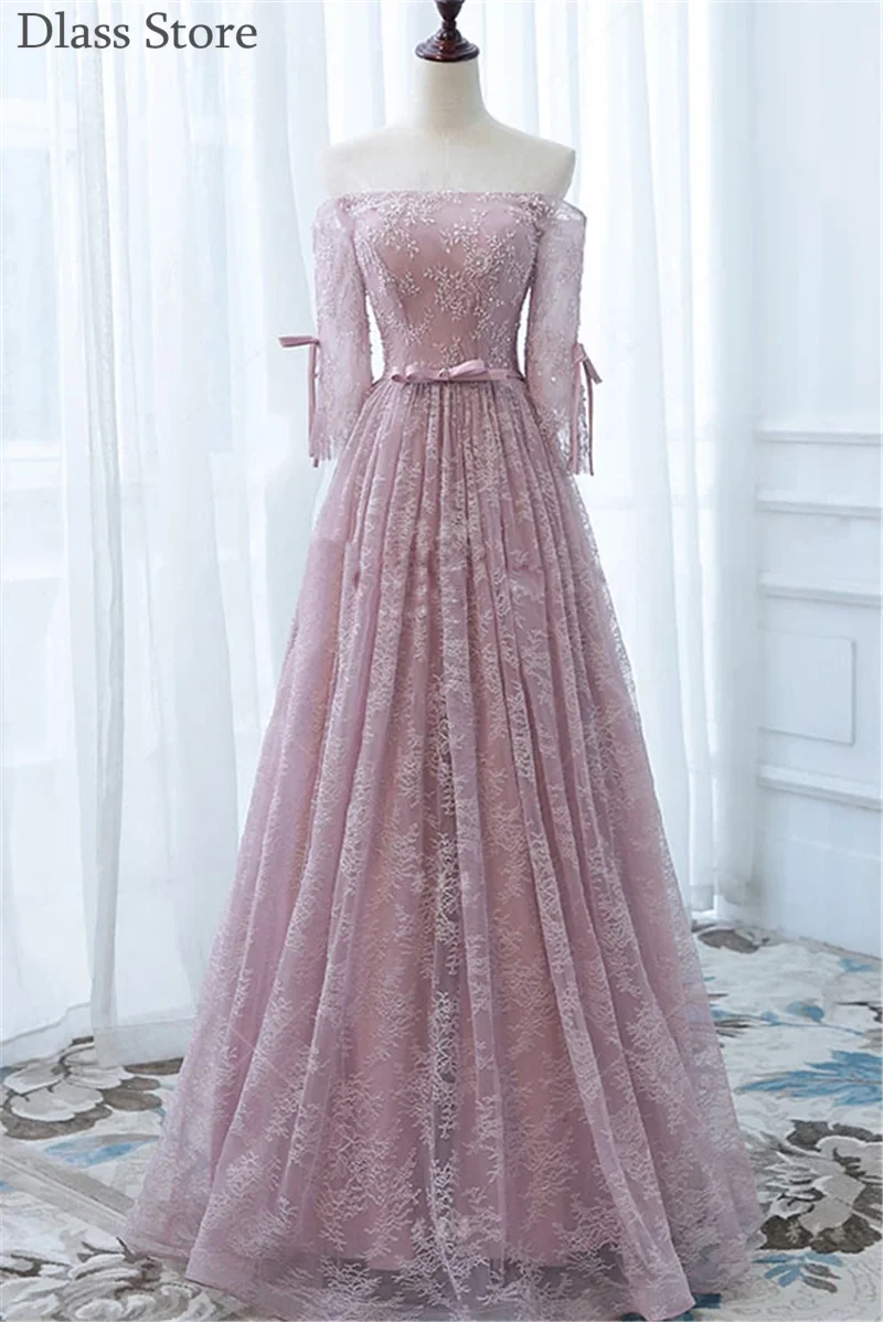 

Dusty Pink Evening Dresses 2021 New Off Shoulder Boat Neck Half Sleeves Laces A-line Floor Length Prom Dress вееѬние плая