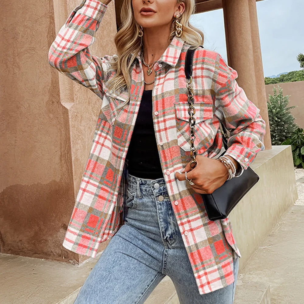 

Осенне-зимняя новая модная куртка Европейская и американская Повседневная клетчатая рубашка с перекрестными краями трендовая женская блу...