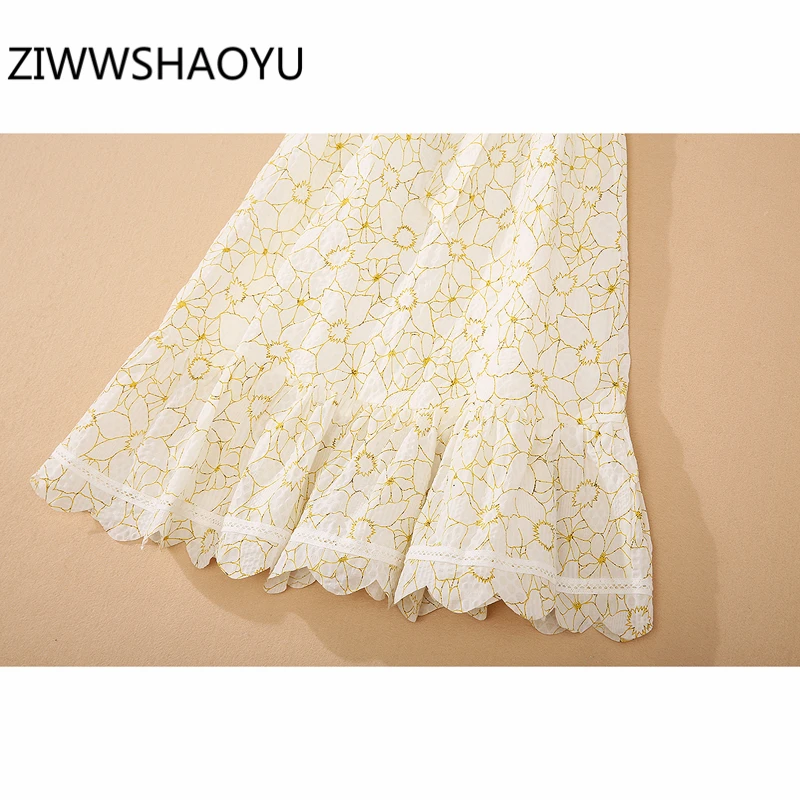 

ZIWWSHAOYU Summer Women Elegant Fashion Midi Dresses Runway Designer Ladies Ruffles Bow Belt Embroidery Off Shoulder Dress