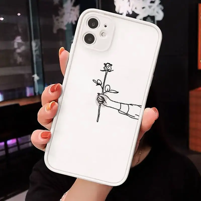 

Phone Case For iPhone 12 11 Mini Pro XR XS Max 7 8 Plus X Love yourself Flower Abstract Art Line Matte transparent White Cover