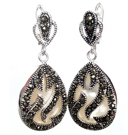 

unique 925 Silver & Marcasite inlay white sea shell Waterdrop Earrings