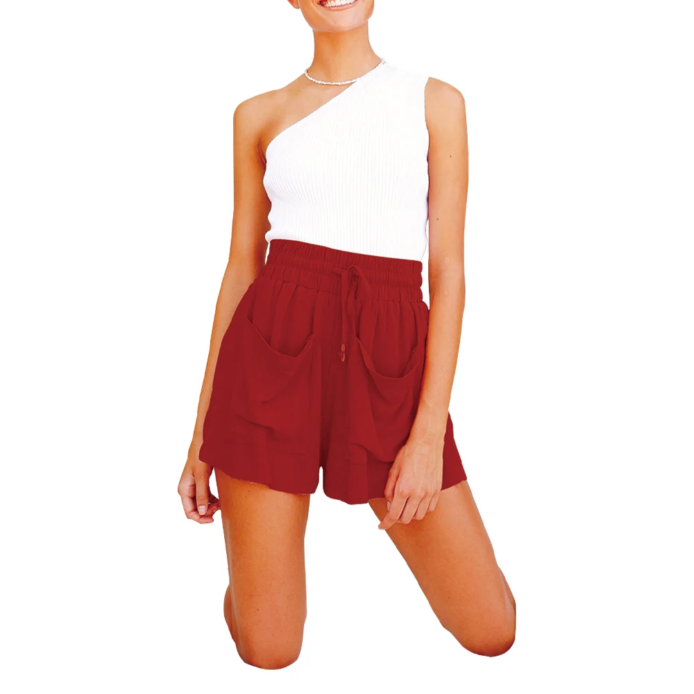 

Womens Comfy Drawstring Female Sports Plus Size Casual Elastic Waist Pockets Straight Shorts Solid Summer High Waist shorts D30