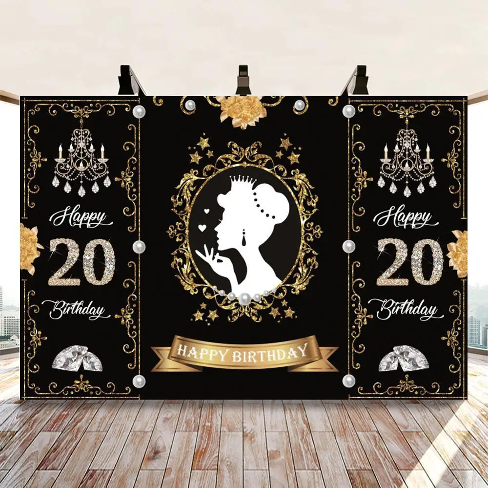 

Happy Sweet 16 20 30 40 50th Birthday Party Customize Diamond Gold Princess Queen Ribbon Banner Photography Background Backdrop