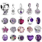 Бусины-шармы в форме сердца с пурпурными ключами, подвеска сделай сам, подходит для браслета Пандоры, кристаллы-разделители из драгоценных камней, женское серебро 925 пробы, модные ювелирные украшения