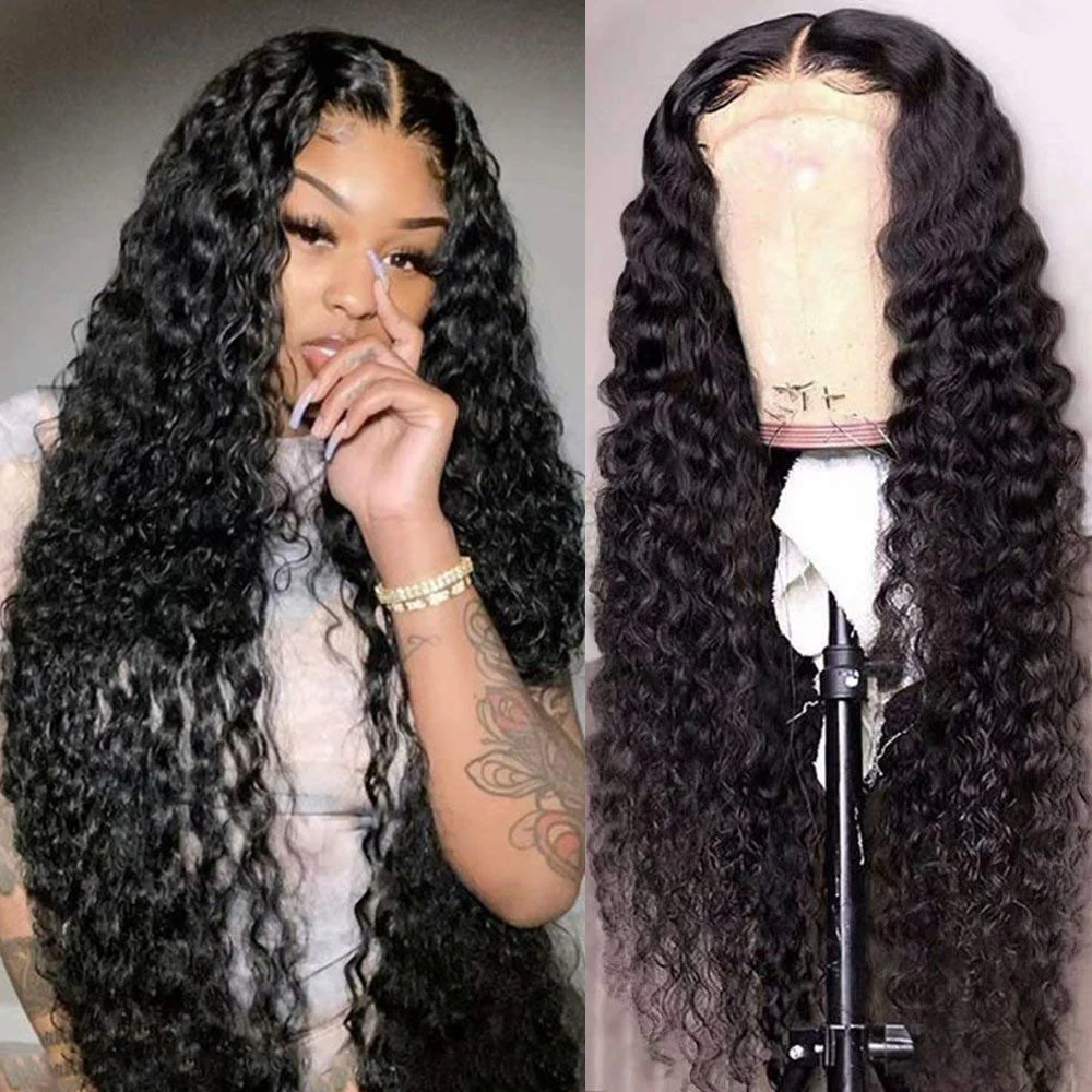 180% Density Middle Part Long Water Wave Glueless Synthetic T Part Lace Wig For Black Women With Baby hair Preplucked Daily Soft