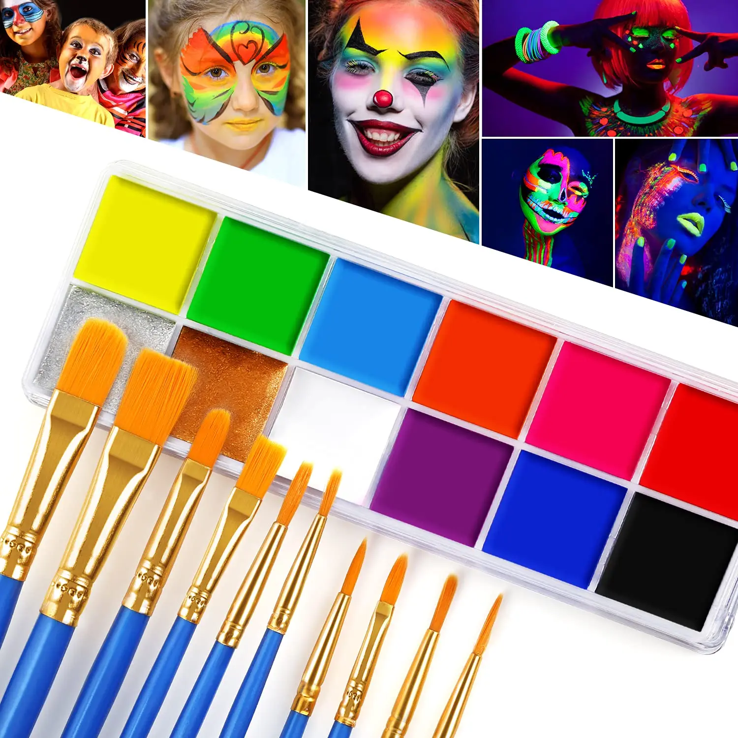 

DE'LANCI Halloween/Party Make up-Adult/Kid Safe Neon Glow In Dark Face Body Painting with Makeup Brushes, Non Toxic for Cosplay