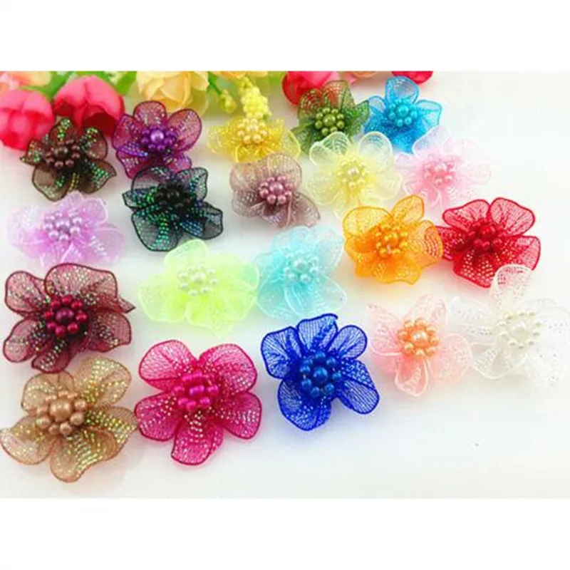 

50 pcs U pick Organza Ribbon Flowers Bows w/Beads Appliques Wedding Craft