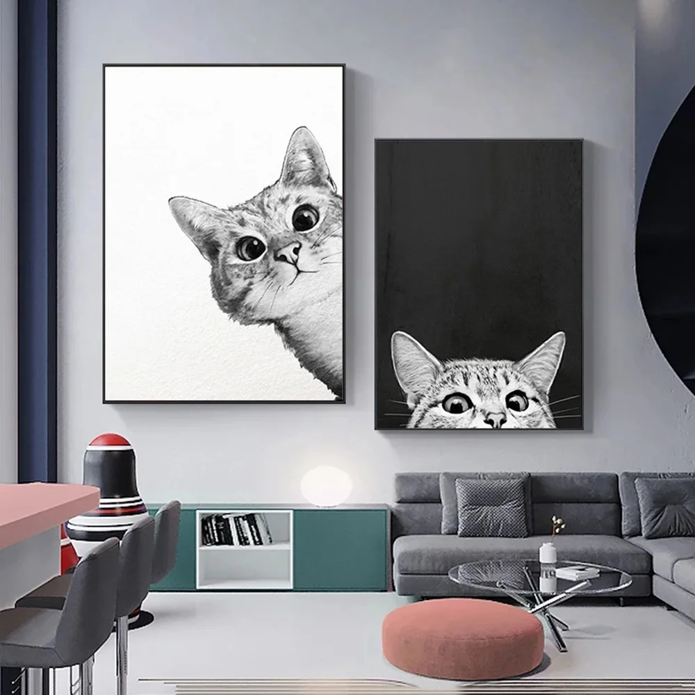 

Imple Nordic Style Canvas Painting Cartoon Cat Posters And Prints Wall Art Black And White Pictures Kids Room Home Decoration