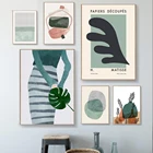 Абстрактный постер с зелеными растениями, винтажная девушка, печать на холсте, цветной блок, простая линия, картина, настенное украшение в стиле бохо
