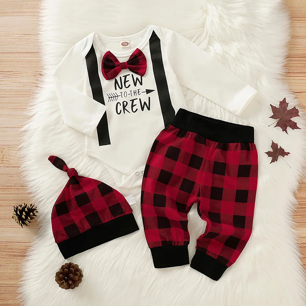 Fashion Newborn Baby Boy Girl Clothes Suit Gentlemen Bow Letter Bodysuit Plaid Pants Hat 3pcs Outfits Clothing For Set | Детская одежда