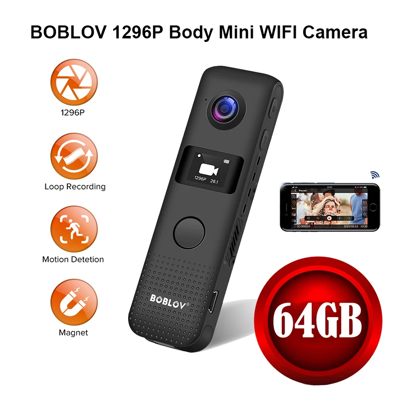 Мини камера BOBLOV с поддержкой Wi Fi и датчиком движения 64 ГБ HD 1296P|Компактные