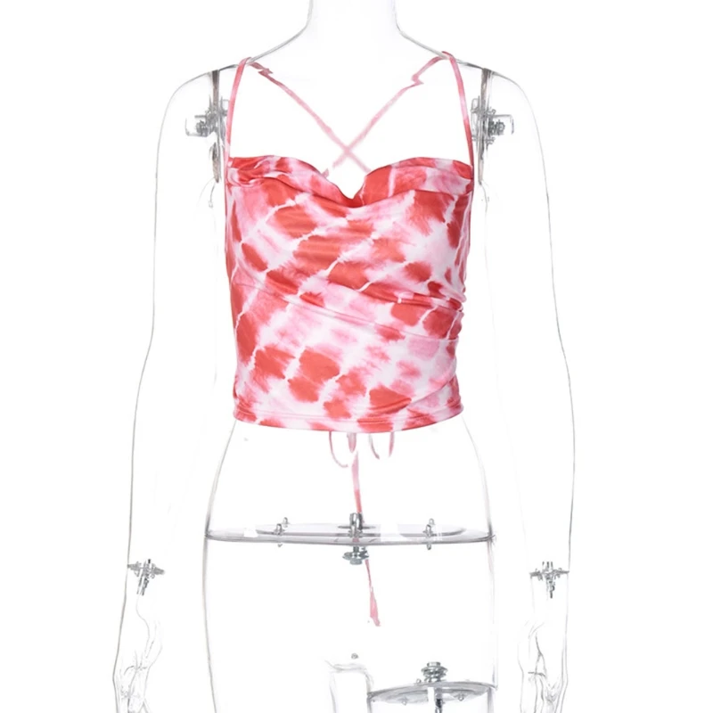 

Women Summer Spaghetti Strap Crop Top Gradient Color Sexy Backless Lace-Up Camisole Off Shoulder Slim Beach Vest Shirts