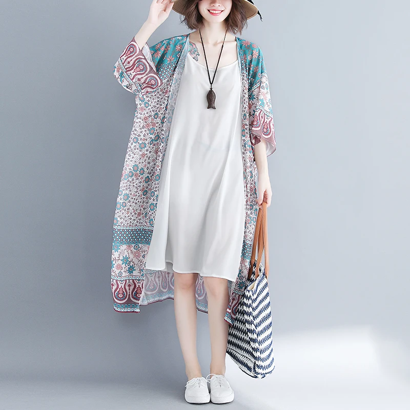 Летняя женская блузка в стиле бохо 2020 винтажное женское длинное кимоно из шифона