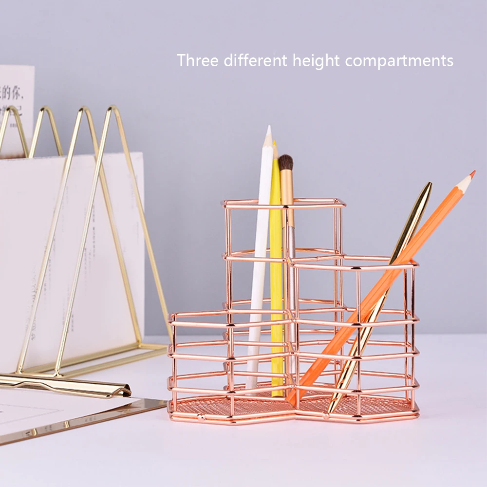 

Железный Держатель для ручек с 3 отделениями, настольный органайзер для дома и офиса, ящик для хранения косметики, органайзер для хранения, а...