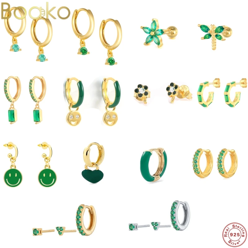 

BOAKO 100% Real S925 Sterling Silver Hoop Earring Green Zircon Earring For Woman Girls Pendientes Orbellen Bling Crystal Jewerly