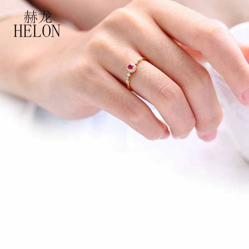 

HELON Real 14k Yellow Gold 0.17ct Certified Round Natural Ruby Gemstone Ring Women Diamoind Engagement Wedding Fine Jewelry Ring