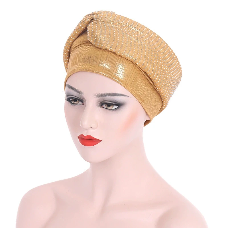 

Sinya 2022 Gold Auto Gele Headtie African Turbans Caps For Women Muslim Islamic Scarf Head Wraps Bonnet Hijabs Head Wear
