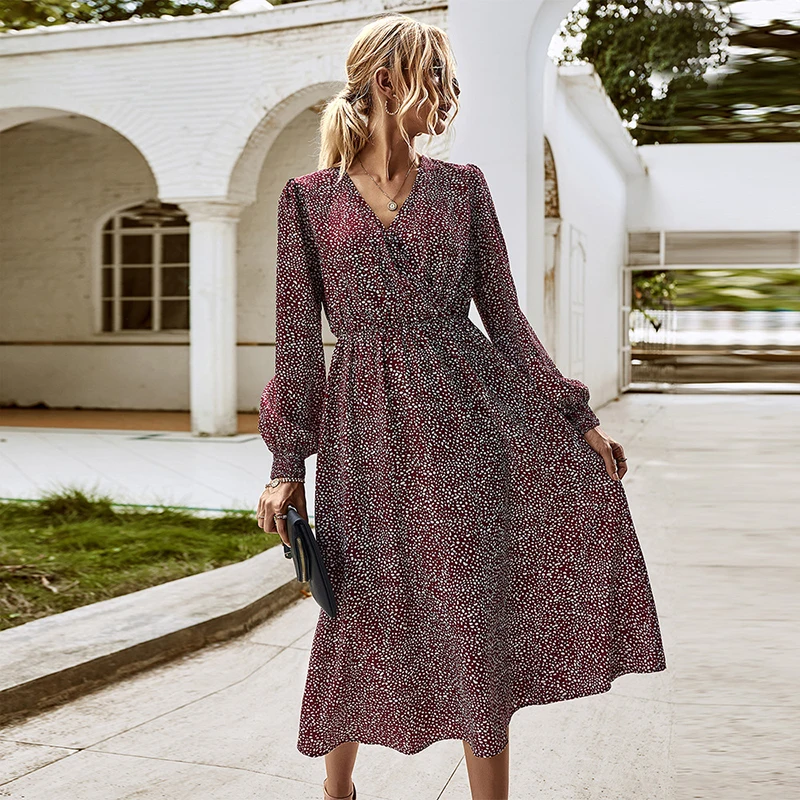 

Long Dress Women Floral Print Boho Dress Long Sleeve V Neck Midi Dress Ladies Elegant Casual Dresses