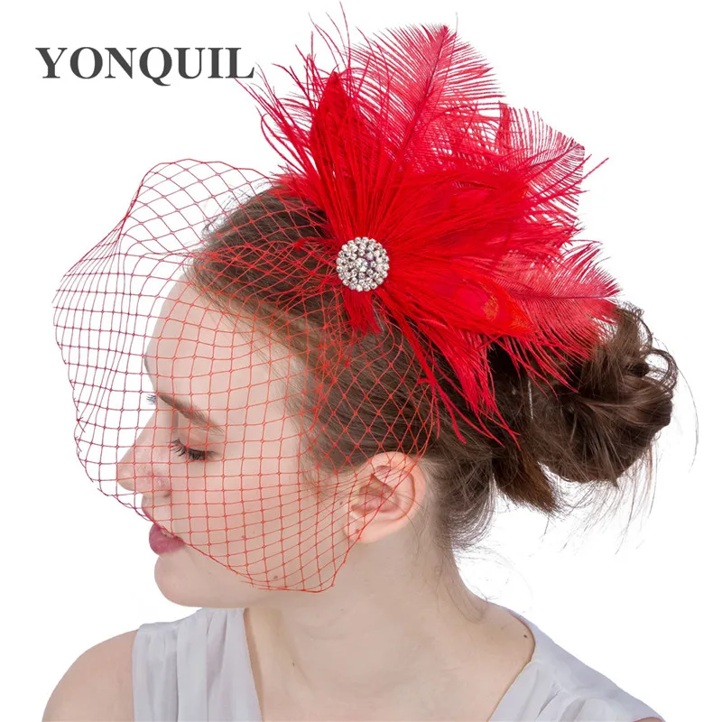 Модные Красные Свадебные шляпы с перьями вуалетки для невесты милые Стильные