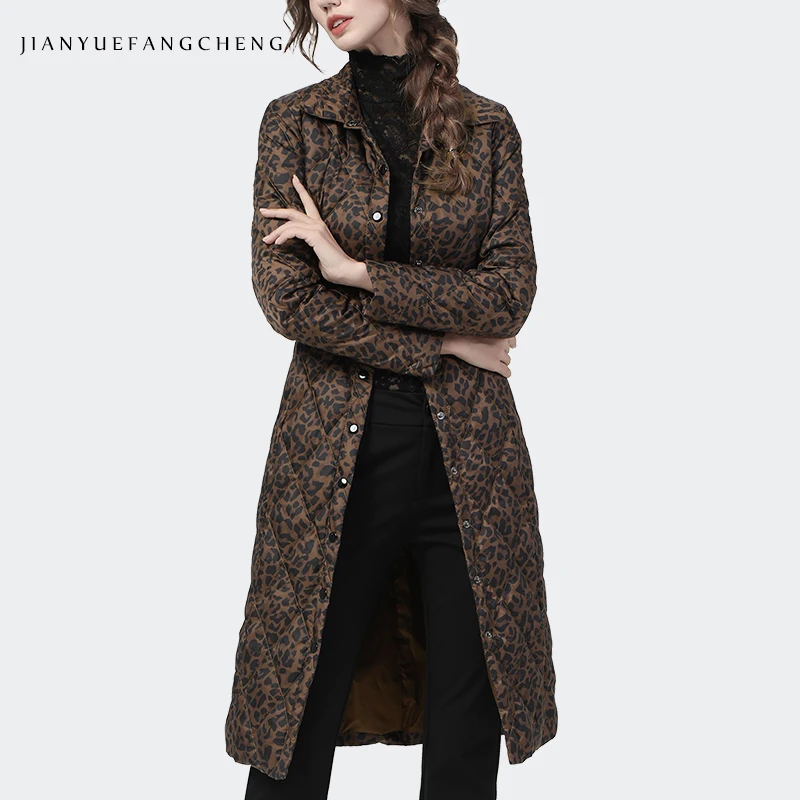Модный Леопардовый принт женский длинный пуховик для зимы теплый слегка белый